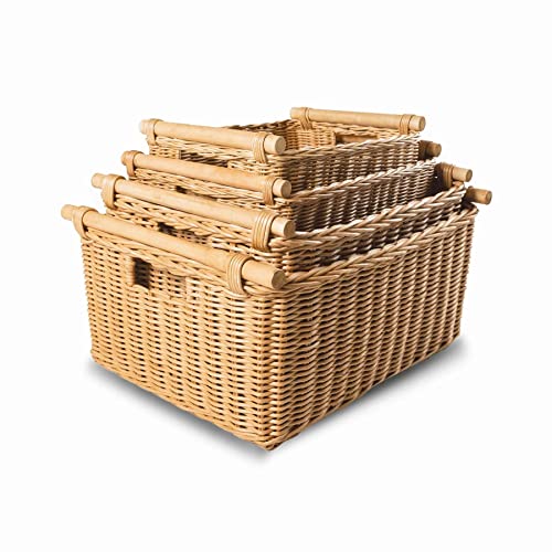 The Basket Lady Pole Handle Wicker Storage Basket, Large, 18 in L x 14.5 in W x 9 in H, Sandstone