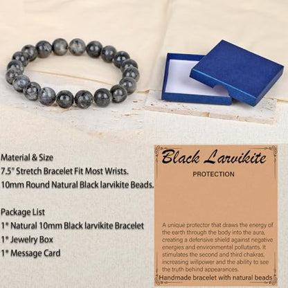 LPBeads Handmade Natural Gemstone Stretch Elastic Bracelet Healing Crystal Round Stone Beads Jewelry Gifts for Women Men - color: Black Larvikite, size: 10mm
