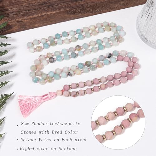 8MM Beads Chakra Long Mala Necklace Natural Stone Meditation Statement Necklace Japa Yoga Buddhist Rosary Prayer Charm Beaded Tassel Necklace - color: Matte Rhodonite