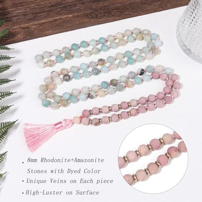 8MM Beads Chakra Long Mala Necklace Natural Stone Meditation Statement Necklace Japa Yoga Buddhist Rosary Prayer Charm Beaded Tassel Necklace - color: Matte Rhodonite