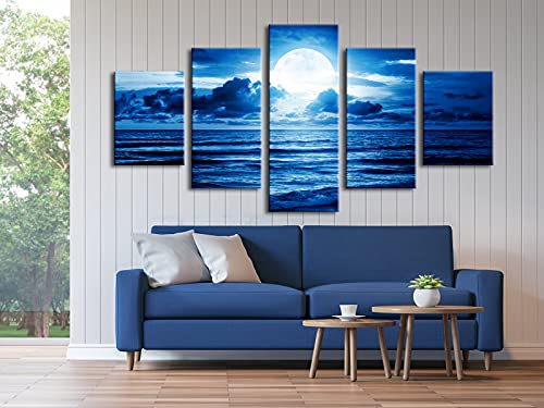 Pyradecor Blue Clouds Modern 5 Panels Moon Sea Beach Canvas Wall Art Large Gallery Wrapped Landscape Giclee Canvas Prints Pictures Artwork Paintings for Living Room Bedroom Home Decorations L - size: 12x16inchx2pcs,12x24inchx2pcs,12x32inchx1pc