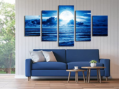 Pyradecor Blue Clouds Modern 5 Panels Moon Sea Beach Canvas Wall Art Large Gallery Wrapped Landscape Giclee Canvas Prints Pictures Artwork Paintings for Living Room Bedroom Home Decorations L - size: 12x16inchx2pcs,12x24inchx2pcs,12x32inchx1pc