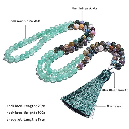 108 Mala Prayer Beads Necklace 8mm Natural Stones Meditation Yoga Jewelry Sets 108 Hand Made Japa Mala Beaded Long Tassel Necklace with Tassel Pendant for Men and Women - color: Indian agate + Green aventurine