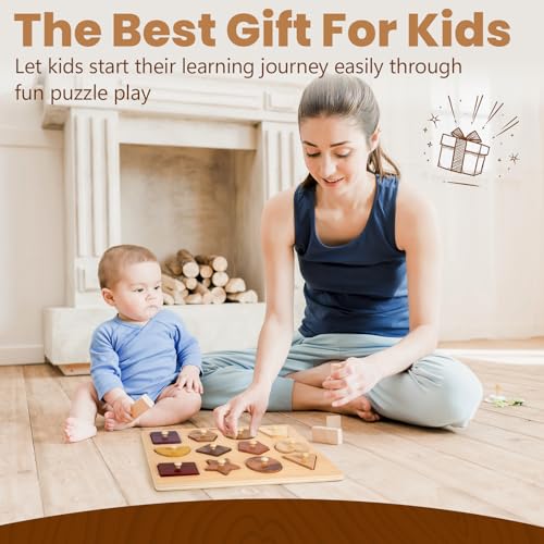 Adena Montessori Wooden Puzzles for Toddlers 1-2, 12 Piece Shape Peg Board with Knobs Educational Learning Toys for 1-2 Year Old Natural Wood Shape Sorter for Babies Durable Montessori Toys