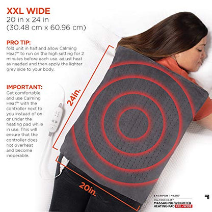Calming Heat XXL Wide Massaging Vibrations Weighted Heating Pad by Sharper Image | Auto Shut-Off Feature, Gift for Holidays, Women & Men | 3 Heat, 9 Massage, 20” x 24”, 5 lbs - size: 27 Combinations- 20” x 24”, 5 Pound