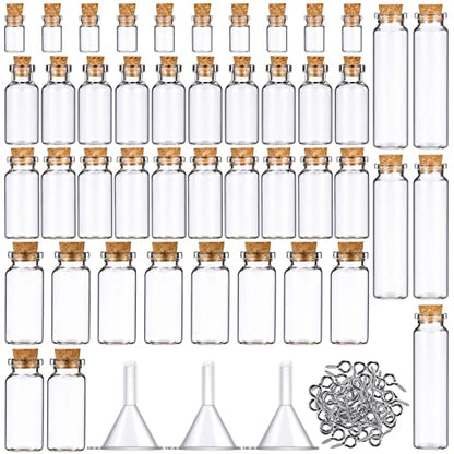 Geiserailie 45 Pcs Mini Glass Bottles with Cork Stoppers Spell Jar Mini Glass Vials Potion Bottles Clear Wishing Jars with 50 Eye Screws 3 Funnels for Party Favors DIY Art Crafts Decoration(Small) - size: Small