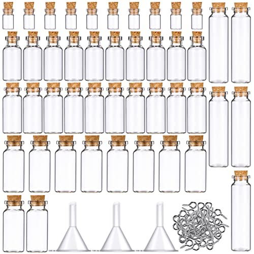 Geiserailie 45 Pcs Mini Glass Bottles with Cork Stoppers Spell Jar Mini Glass Vials Potion Bottles Clear Wishing Jars with 50 Eye Screws 3 Funnels for Party Favors DIY Art Crafts Decoration(Small) - size: Small