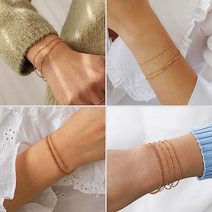 DEARMAY Gold Bracelets for Women Waterproof, 14K Gold Plated Stackable Jewelry Sets Non Tarnish Trendy Thin Dainty Cuban Link Paperclip Chain Bracelet Stack Fashion Accessories Gifts for Womens - style: 5Pcs BRACELET G