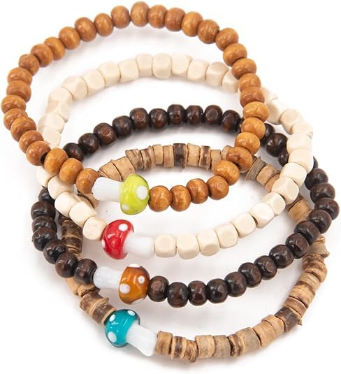 9 Piece Mushroom Wooden Beads Bracelets for Women Men Vintage Beaded Bracelet Wood Bangles Wristbands Commemorative Gift