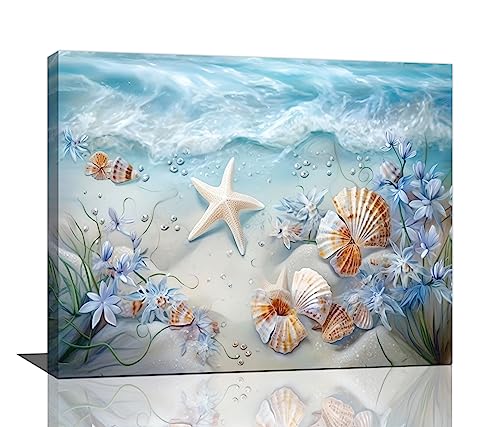 yerretin Beach Seashell Bathroom Wall Art Coastal Starfish Pictures Wall Decor Modern Home Canvas Painting Decorations Artwork for Living Room Bedroom Office Framed, 20"x16" - color: Sealife Flower, size: 20"L x 16"W
