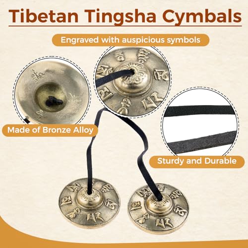 Meditation Instruments Set - Includes Tibetan Tingsha Cymbals, Three-Tone Chime Bell with Mallet, 2 Tibetan Drawstring Bags, Perfect for Classroom Management, Yoga, Prayer