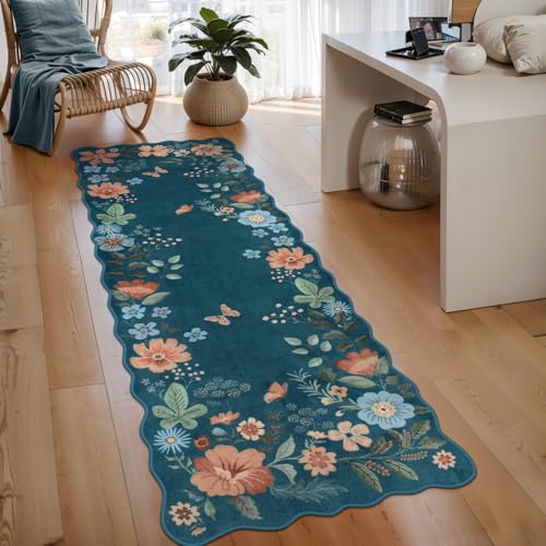 Lahome Floral Kitchen Runner Non-Slip, 2X6 Soft Washable Hallway Runner Rug, Ultra-Thin Stain Resistant Boho Laundry Room Rug Low-Pile Carpet for Bathroom Entryway Bedroom Flore, Navy Blue - color: Navy Blue, size: 2' x 6'（Runner）