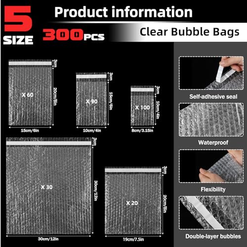 Frienda 300 Pcs Clear Self Sealing Bubble Cushion Bags Double Wall Bubble Pouch Bag Plastic Shockproof Protective Packing Bags for Small Business Moving Shipping Packaging Storage(Mixed Sizes) - size: Mixed Sizes