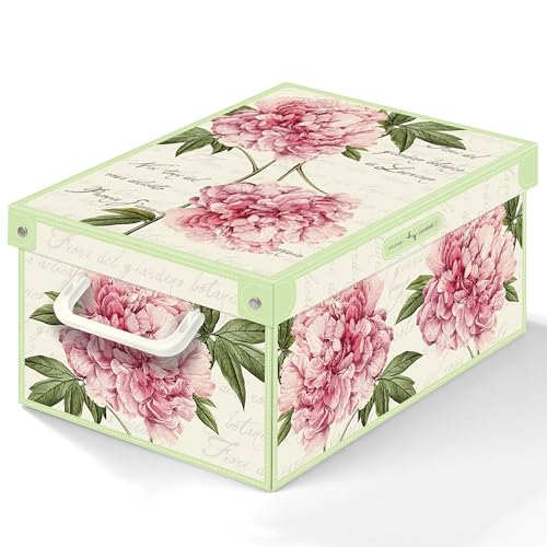 Lavatelli: Storage Box: Small - Peony - Lid & Side Handles, Decorative Cardboard Organizer, Stacks-Folds, Home-Clothes-Linen-Office, 13.8 x 9.8 x 6.9 - size: Small