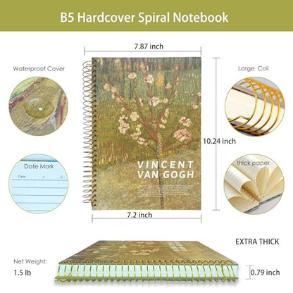 Large Spiral Notebook, B5, 8x10, Hardcover Journal, Lay Flat, Thick Notebook, 300 Page Journal, Lined Journal Notebook, Wide Ruled, Vincent Van Gogh Gifts, Almond Tree in Blossom, Green