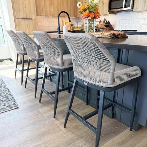 PURPLE LEAF Counter Height Bar Stools Set of 4 Rattan Wicker Outdoor Metal Boho Barstools with Back and Footrest Patio Garden Balcony Pool Bar Chairs - color: Classic/Dark Grey, size: 4pc-24.8"h