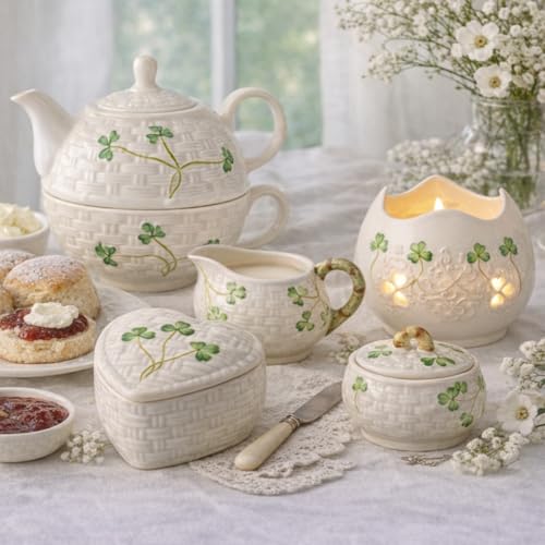 Belleek Classic Kylemore 4.4-Inch Trinket Box, Handcrafted Parian China Decorative Storage, Irish Shamrock Decor, White