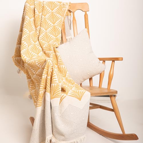 Premium Cotton Throw Blankets – 70x50 Inch, Fabric with Elegant Geometric Pattern – Perfect for Living Room, Bedroom and Home Decor (Golden Yellow) - color: Golden Yellow