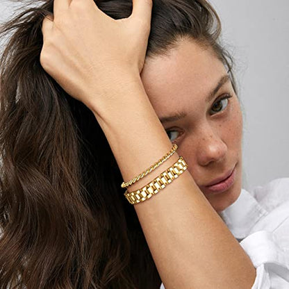 MPRAINBOW 2pcs 18K Gold Plated Chain Link Bracelet, Stainless Steel Crystal Friendship Bracelets Bangle,Watch Band Chains Wristband Jewelry with Adjust Tool - color: Gold-set B