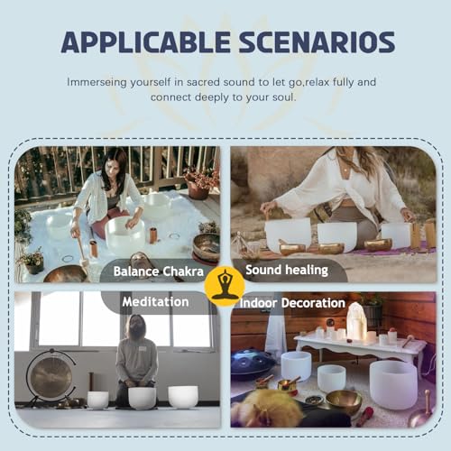 440HZ Sound Healing 8''-12'' Set of 3 Crystal Singing Bowls, Frosted Chakra Quartz Crystal Sound Bowl 8'' A Third-Eye, 10'' F Heart, 12'' C Root With Carry Bags and Mallet