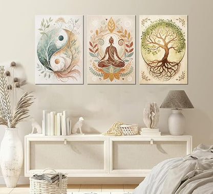 3 Pcs Tree of Life Canvas Wall Art Lotus Zen Painting Pictures Wall Decor Yin Yang Taichi Spiritual Prints Posters for Living Room Yoga Room Hotel Bedroom Home Decor 12x16in Framed - size: 16L"×12W" canvas