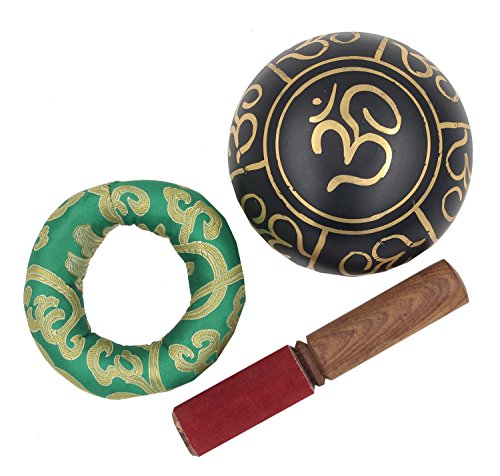 DharmaObjects Relaxing Yoga Meditation Om Peace Singing Bowl/Silk Cushion/Rosewood Mallet Set (Medium, Black) - color: Black, size: Medium