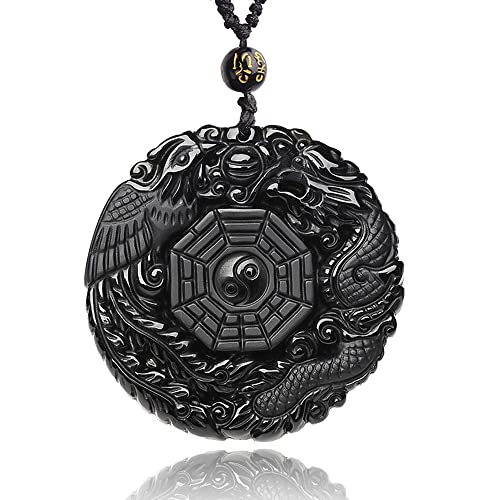 Black Obsidian Necklace Natural Crystal Amulet Protection Pendant with Adjustable Rope Lucky Talisman Necklaces Jewelry Gift for Men Women - color: Yin Yang Dragon Phoenix