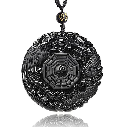 Black Obsidian Necklace Natural Crystal Amulet Protection Pendant with Adjustable Rope Lucky Talisman Necklaces Jewelry Gift for Men Women - color: Yin Yang Dragon Phoenix