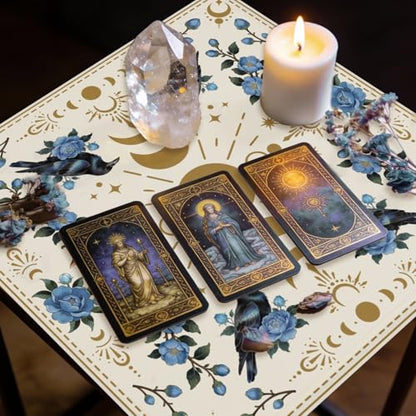 Tarot Altar Cloth Beige Tablecloth Moon Phases Flowers Crows Print Card Table Tablecloth with Tarot Card Bag for Reading Rituals Crystals Spiritual Divination Witchcraft Supplies - color: Moon Flowers Crows