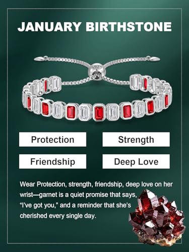 Birthstone Bracelets for Women, Sterling Silver Tennis Bracelets Emerald Cut Bezel Set with Adjustable Chain, Elegant Anniversary, Birthday or Valentine's Day Gift - color: 01-Jan-Garnet