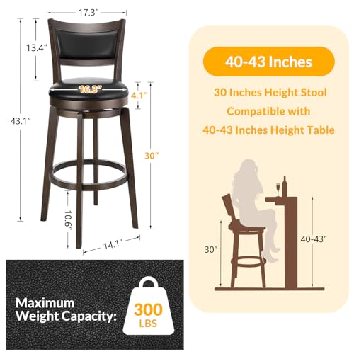 PrimeZone Swivel Bar Stools Set of 2, 30 Inch Bar Height Barstools, Black Faux Leather Bar Stool with High Backrest & Solid Wood Legs & Wrap-Around Footrest, Counter Stools for Kitchen Island, Pub - size: 30" Bar Height