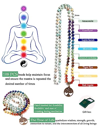 Bivei 7 Chakra 108 Mala Beads Bracelet Real Gemstone Yoga Meditation Hand Knotted Mala Prayer Bead Necklace - size: 6mm, style: Life Tree - Amazonite