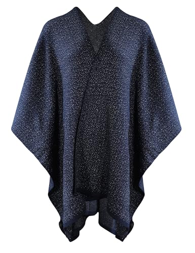 ZLYC Women's Shawl Golden Trim Knit Blanket Wrap Fringe Poncho Coat Cardigan - color: Solid Navy