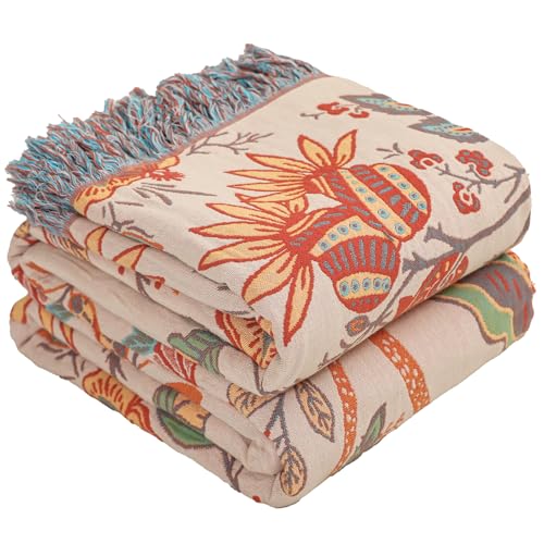 Boho Throw Blanket for Bed-Soft Cotton Rustic Quilt 80"×90",Floral Printed Farmhouse Decor Muslin Bed Blankets for Sofa Couch Chair, Seasons - color: Boho Flower-b, size: 80"x90"