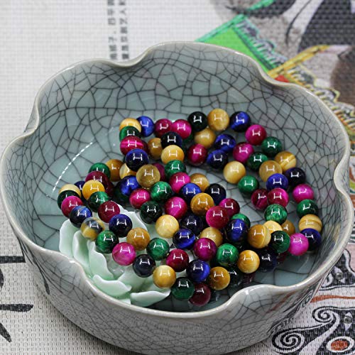 Keleny Gem Semi Precious Gemstones 8mm Natural Stone Round Beads Rock Crystal Jasper Stretch Bracelet 7 Inch Unisex - color: Dyed Multicolor Tiger Eye 1#