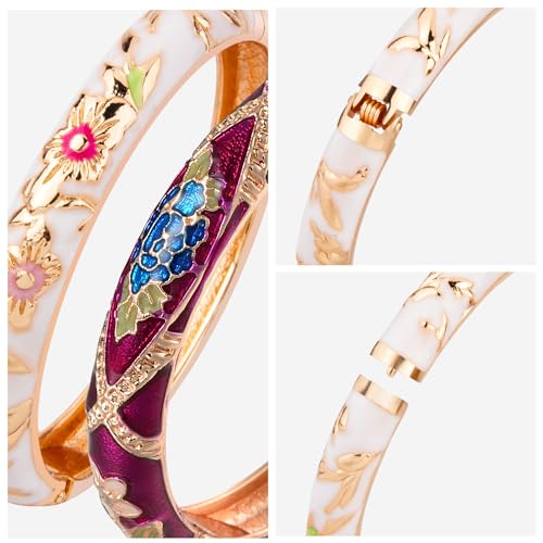 UJOY Classic Cloisonne Bracelets Enamel Jewelry Plated Bamboo Flower Cuff Metal Bangle for Women Gift Box - color: A103-2 PCS Set-White and Purple
