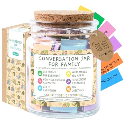 Family Conversation Cards in Jar, 150 Fun & Deep Conversation Starter Cards for Kids, Teens, Adults -Disconnect from Screens & Bond with Loved Ones- Question Games,Road Trip, Dinner Table Topics - style: Conversation Jar for Family