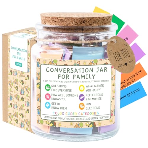 Family Conversation Cards in Jar, 150 Fun & Deep Conversation Starter Cards for Kids, Teens, Adults -Disconnect from Screens & Bond with Loved Ones- Question Games,Road Trip, Dinner Table Topics - style: Conversation Jar for Family