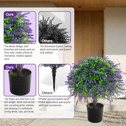 2 Pcs Artificial Lavender Topiary Ball Trees Potted Plants, UV Resistant Fake Lavender Topiary Plant Purple Trees for Garden, Front Door Porch and Outdoor Decor (Purple, M)
