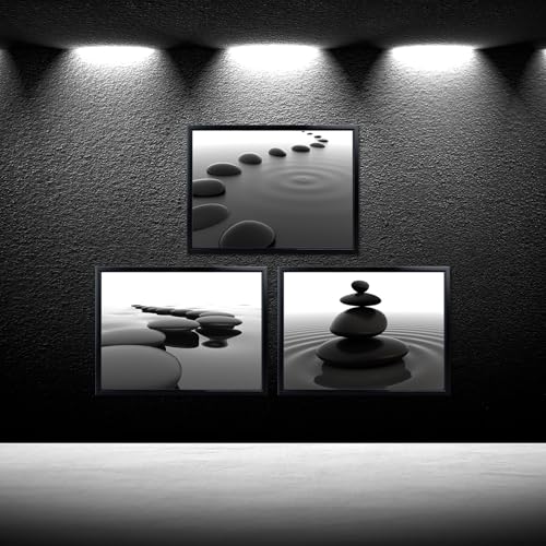 iKNOW FOTO 3pcs Black and White Zen Wall Art Stones in Water Canvas Prints with Black Frame for Bathroom Yoga Meditation Spa Living Room Bedroom Wall Decor Framed Ready to Hang 12x16 Inches