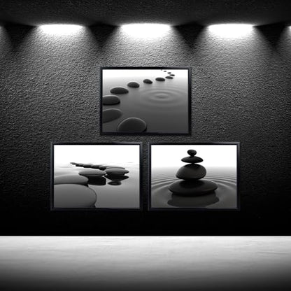 iKNOW FOTO 3pcs Black and White Zen Wall Art Stones in Water Canvas Prints with Black Frame for Bathroom Yoga Meditation Spa Living Room Bedroom Wall Decor Framed Ready to Hang 12x16 Inches