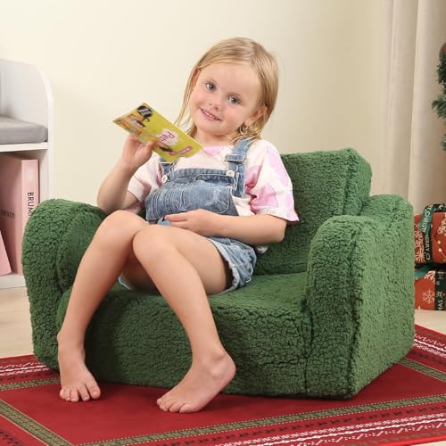 MOMCAYWEX Kids Sofa, 2-in-1 Flip-Out Foam Couch with Soft Sherpa Cover, Cozy Play Lounge Chair, Green - color: Green, size: Medium