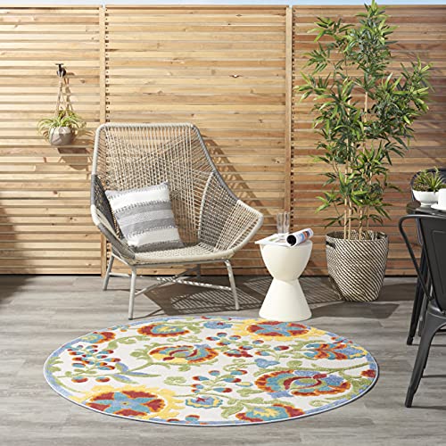 Nourison Home Aloha Ivory Multicolor 4' x Round Area Rug - Easy Clean, Non Shedding, Bed Room, Living Room, Dining Room, Kitchen (4' x Round) - color: Ivory Multicolor, size: 4' (Round)