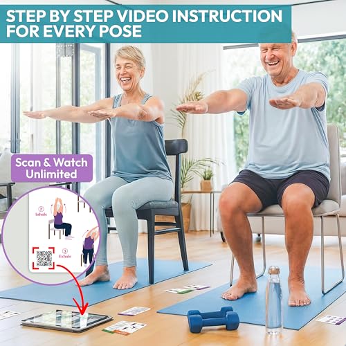 Chair Yoga for Seniors Over 60 Book and Chart, 30 Poses with Video Guide, Spiral Bound, Large Print, 30-Day Laminated Chart, Seated Exercises for Weight Loss, Flexibility - color: Chair yoga Card