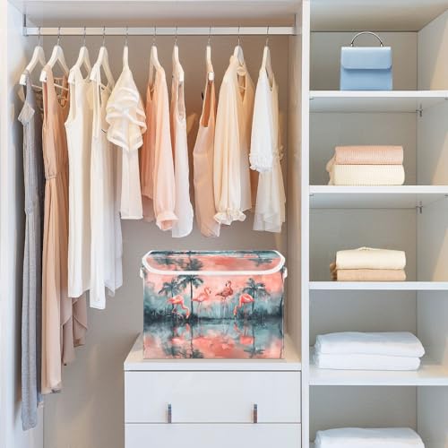 senya Large Storage Bins with Linen Collapsible Foldable Storage Cubes Fabric Closet Organizer Containers Box with Flip-Top Lid Home Bedroom Office 16.7 x 12.6 x 11.8in (Lovely Flamingos Palm Trees) - color: Lovely Flamingos Palm Trees