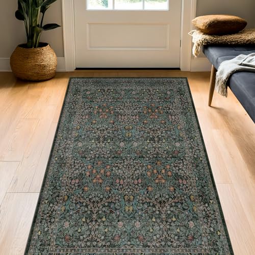 Dark Green Washable 3x6 Runner Rug for Entryway, Low Pile Non-Slip Indoor Floor Area Rugs for Kitchen, Bedroom Bedside, Bathroom, Stain & Fade Resistant, Vintage Floral Design - color: Dark Green / Black, size: 3' x 6' (Rectangular)