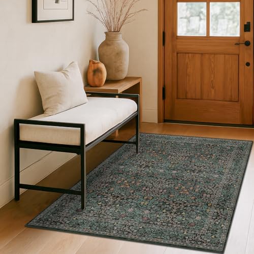 Dark Green 4x6 Entryway Rug, Washable Area Rug 4x6 for Living Room, Bedroom, Large Kitchen, Ultra Soft Non Slip Stain Resistance, Floral Distressed Aethestic Design - color: Dark Green / Black, size: 4' x 6' (Rectangular)