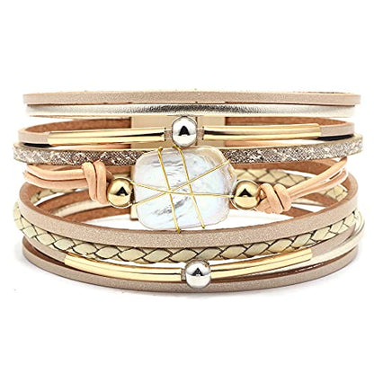 Fesciory Leopard Bracelet for Women, Boho Leather Wrap Multi-Layer Pearl Crystal Bracelet Bangle Jewelry - style: Gold Leather(Pearl)