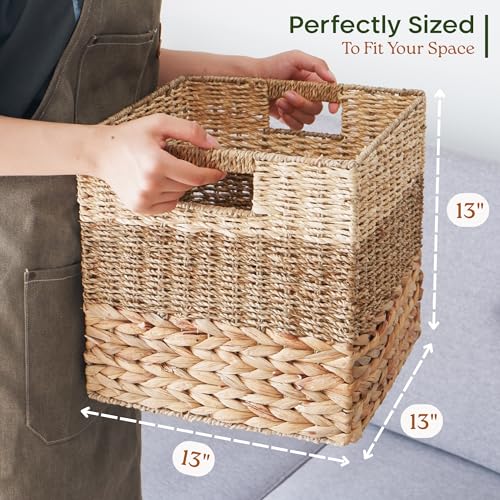 13x13x13 Storage Cube Bins Wicker Storage Basket for Cube Shelf, Natural Foldable Square Baskets for Storage, Large Woven Cube Storage Bin with Handle, Baskets for Pantry, Bedroom Set of 4
