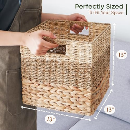 13x13x13 Storage Cube Bins Wicker Storage Basket for Cube Shelf, Natural Foldable Square Baskets for Storage, Large Woven Cube Storage Bin with Handle, Baskets for Pantry, Bedroom Set of 4